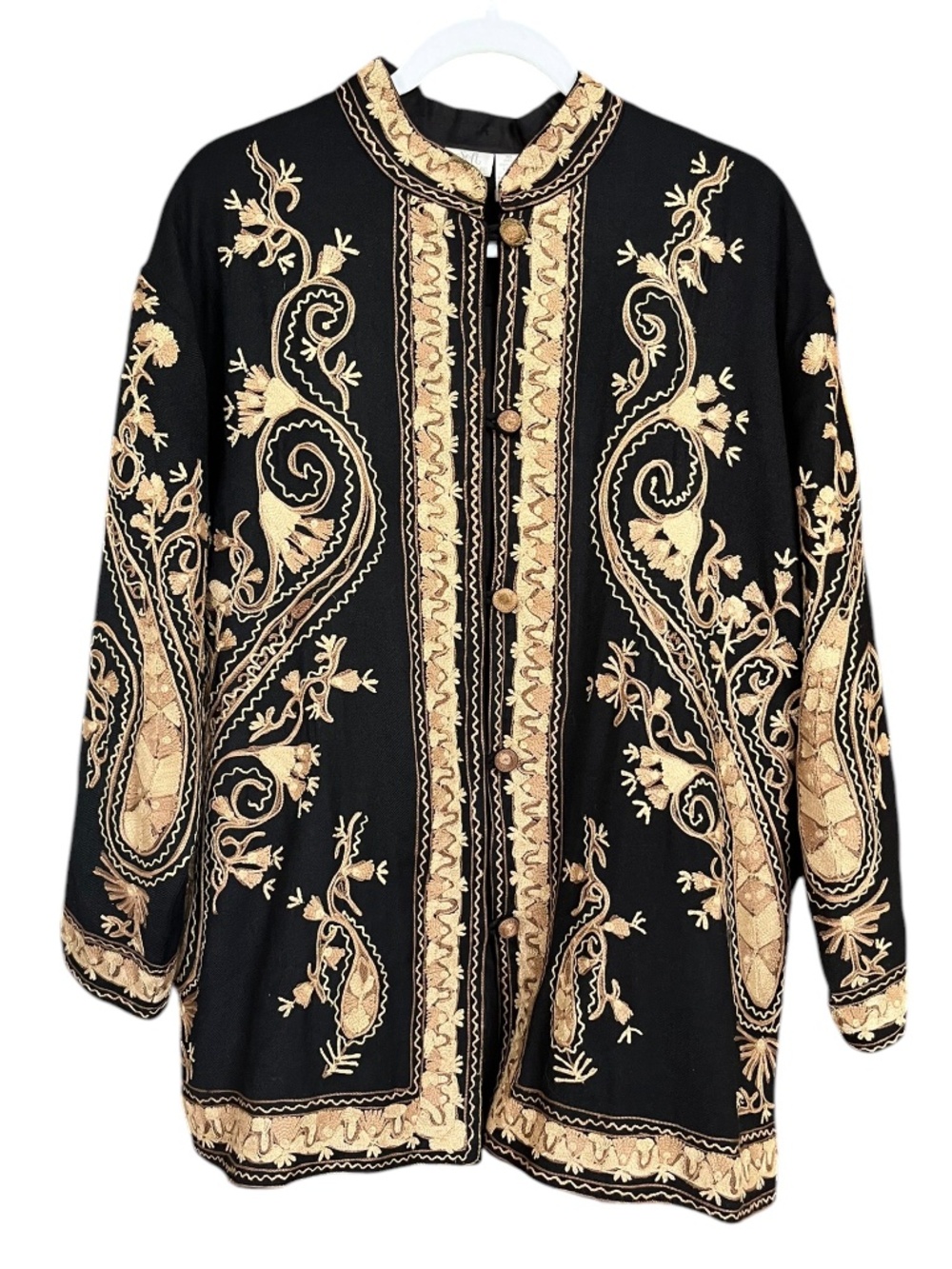 Soft Surroundings Black & Tan Wool Embroidered Appliqué Mandarin Jacket SZ XL